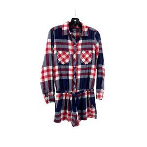 Aerie Women's Red Blue Plaid Flannel Button Down Long Sleeve Jumper Romper Small